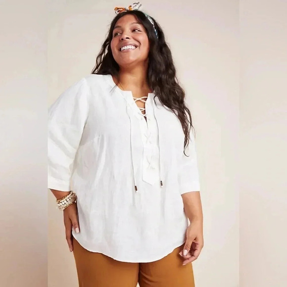 Maeve Marva Lace-Up Linen Blouse Anthropologie ivory long sleeve boho tunic plus - Picture 1 of 7